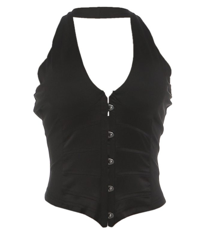 Slim fit backless hanging neck V-neck buckle vest top for women