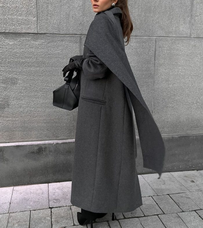 Scarf colla coat cloak long vintage coat gray fashion jacket
