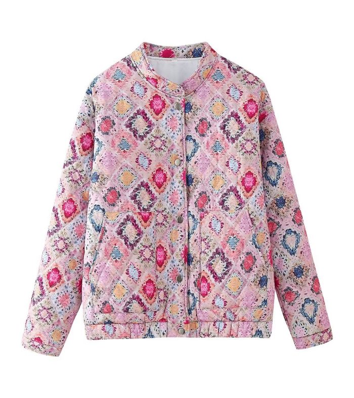 Women's street fashion stand up collar printed cotton jacket